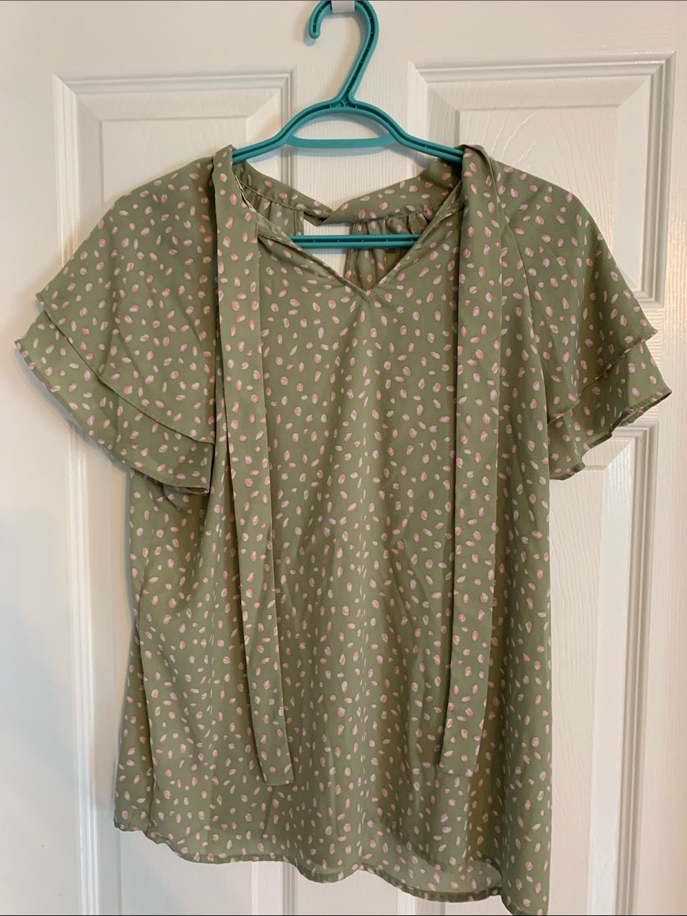 Pleione Sage Green Blouse with Pink Spot Print and Tie Neck
